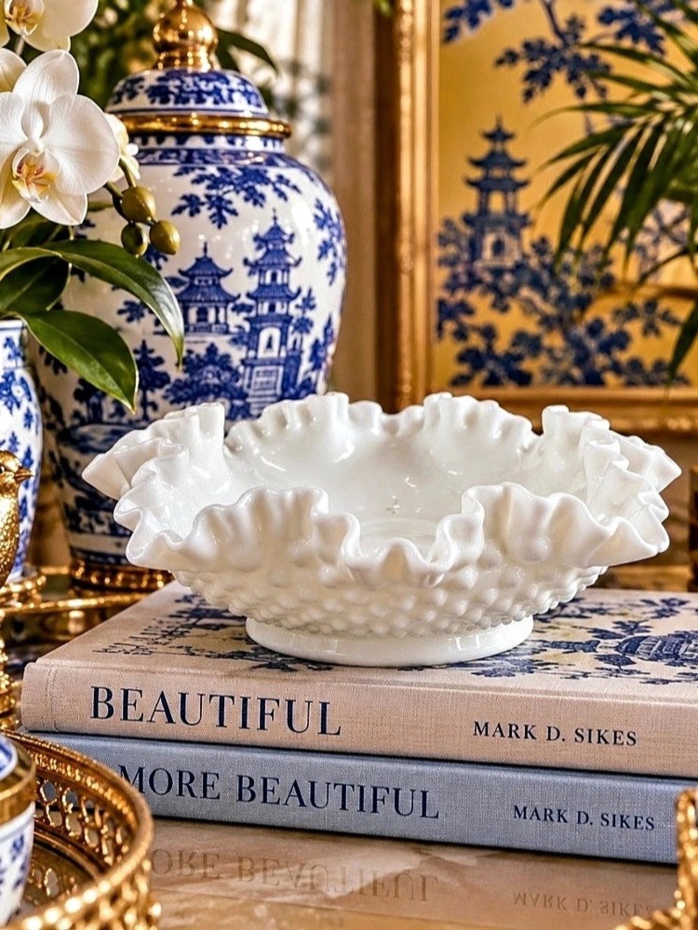Fenton-style hobnail ruffled bowl White Hobnail Ruffled Glass Bowl